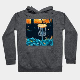 Disc Golf Basket in the Autumn Leaves and Undergrowth Hoodie